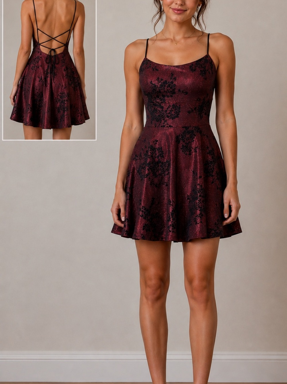 Teeze Me Burgundy Black Floral Glitter Lace Up Back Party Dress Size 7/8